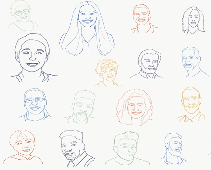 Line drawing of several people's heads.